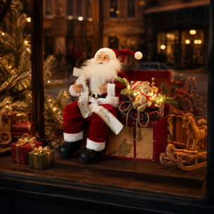 Papá noel sentado sobre regalo con música y luz led, figura navideña decorativa con activación por voz 42x36x52 cm