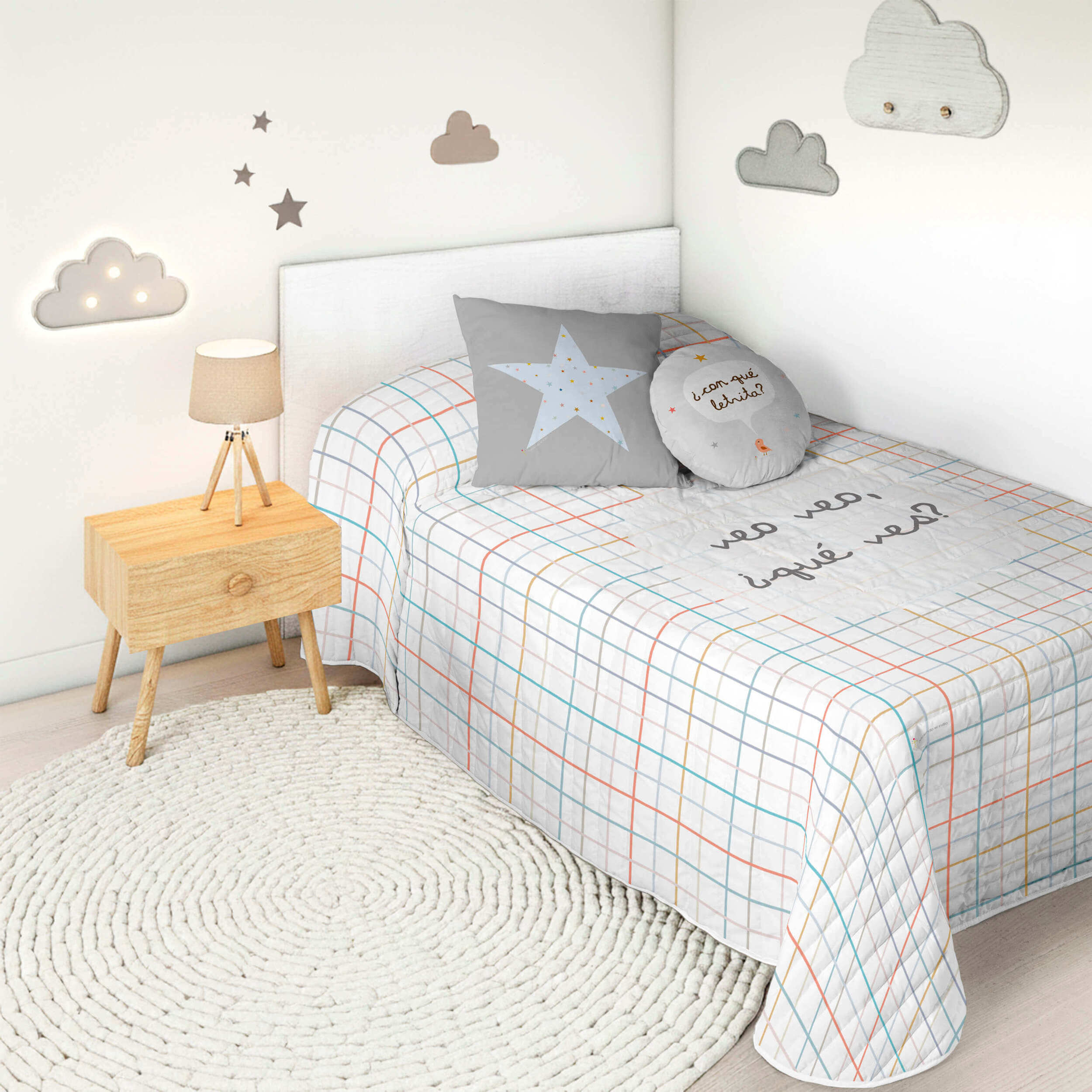 Colcha Bouti Estampada - Reversible - Infantil - 100% Algodón - 70 gr/m² - Veo Veo