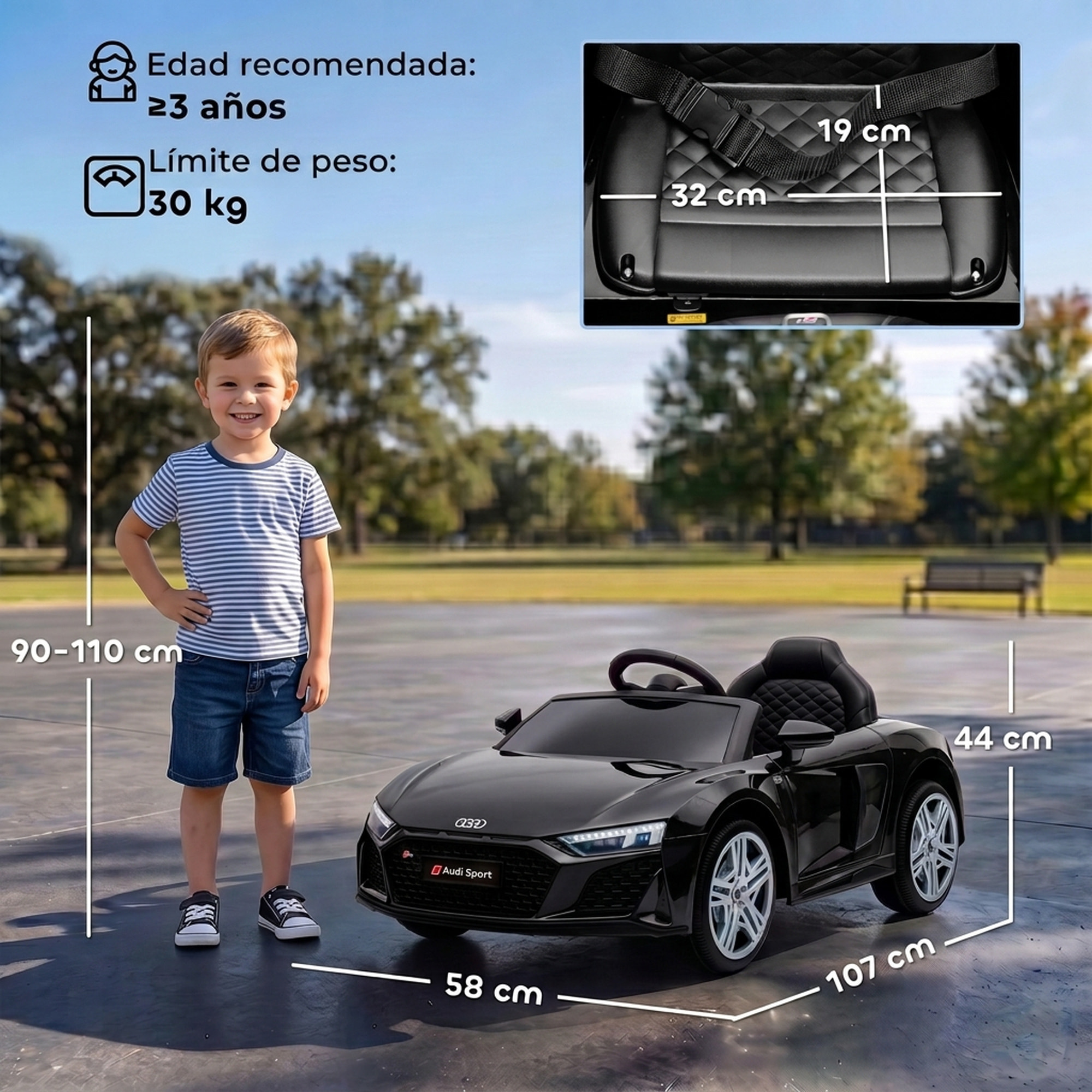 Coche Eléctrico para Niños Audi R8 Spyder Coche de Batería Litio 12V con Mando a Distancia 2,4 G 2 Motores Arranque Suave Suspensión Trasera Música Bocina USB Faros LED +3 Años 3-5km/h Negro