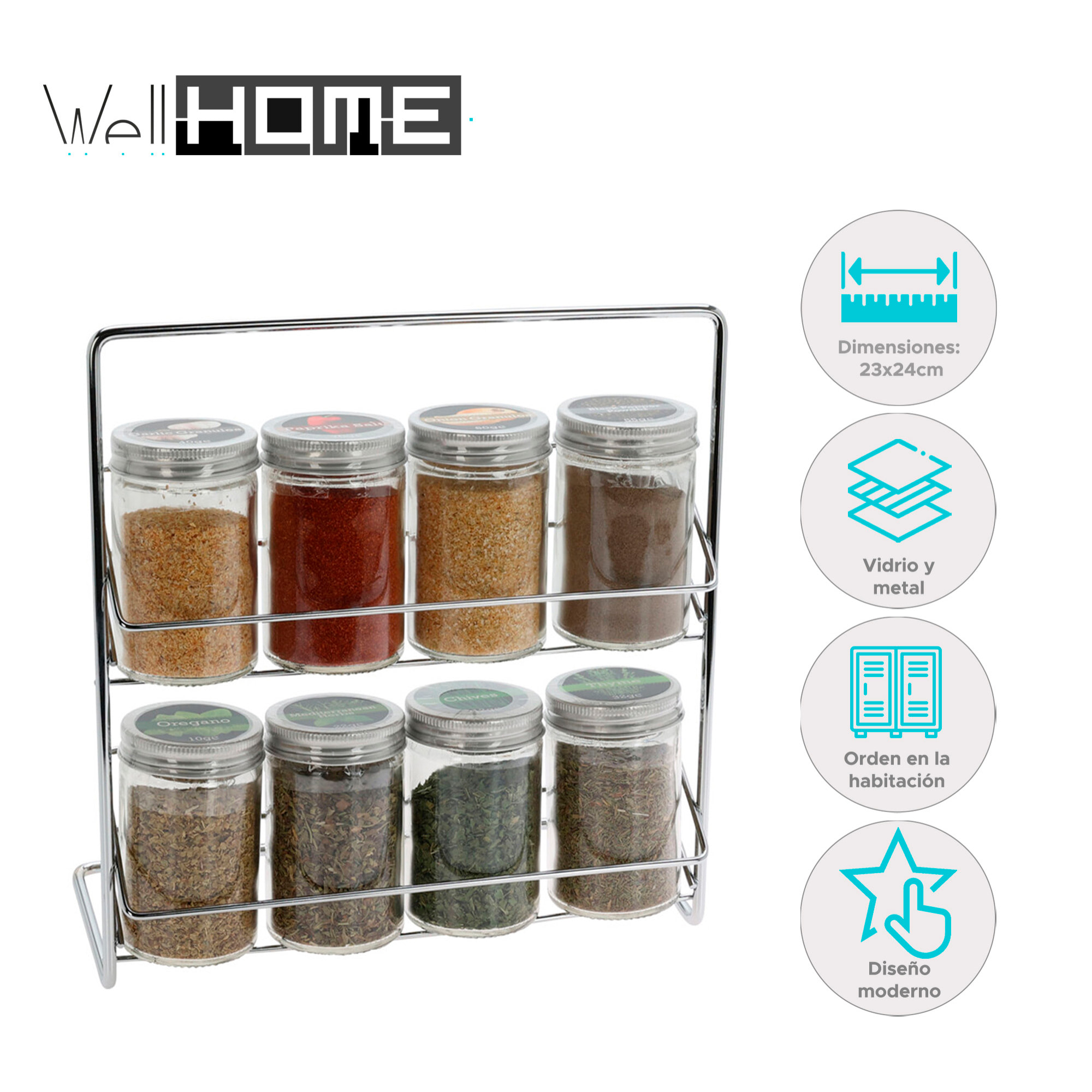 Conjunto de 8 botellas de especias en soporte metálico tapa de aluminio y botellas de vidrio 23xh24cm