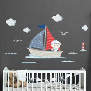 Sticker mural - Ambiance Sticker - OURSON CAPITAINE DE BATEAU - 100x120cm