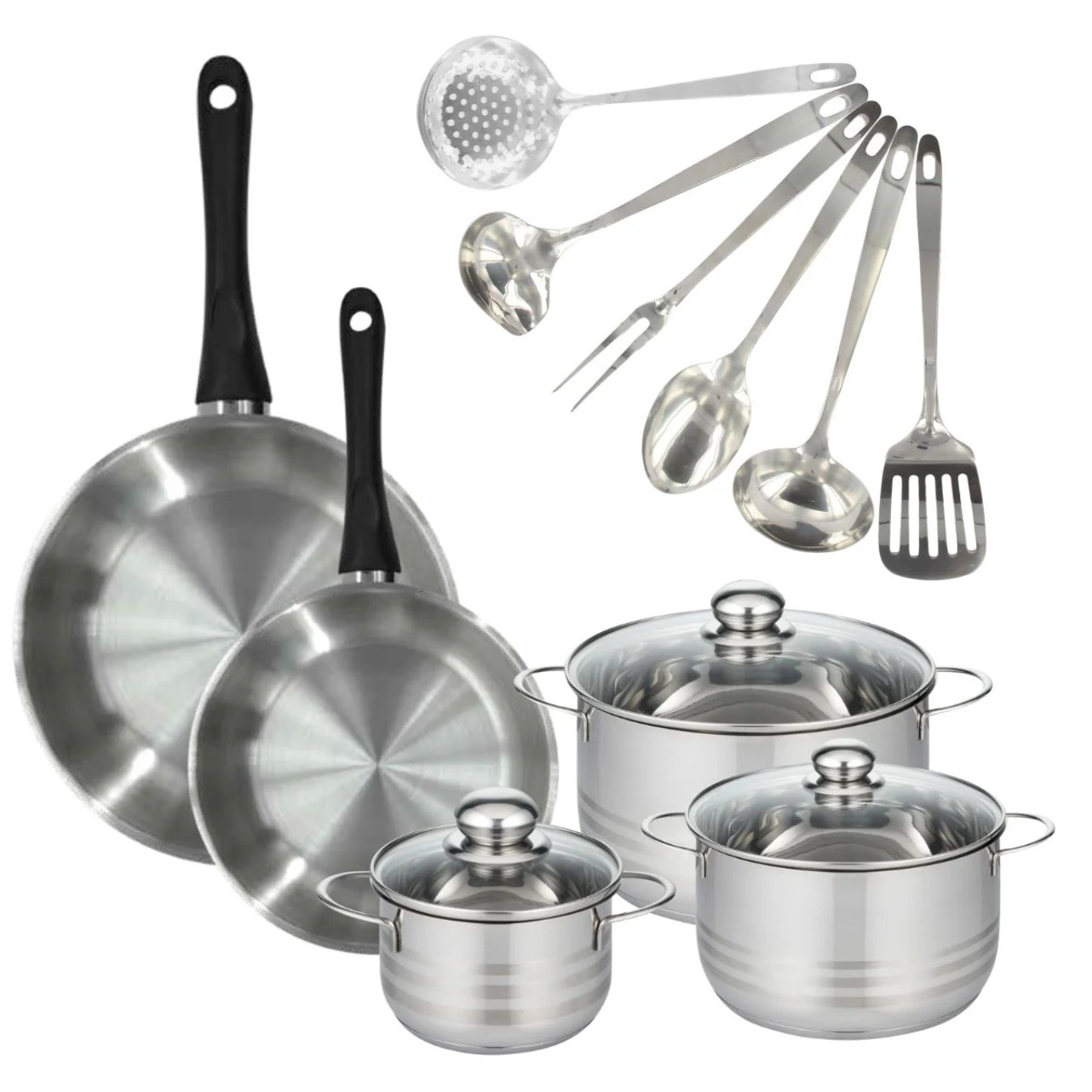 Set 2 poêles 24 28 cm, 3 faitouts 16, 20 et 24 cm en inox et 6 ustensiles inox Fackelmann Geneva