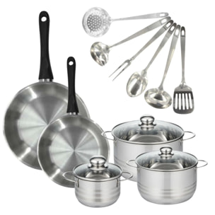 Set 2 poêles 24 28 cm, 3 faitouts 16, 20 et 24 cm en inox et 6 ustensiles inox Fackelmann Geneva