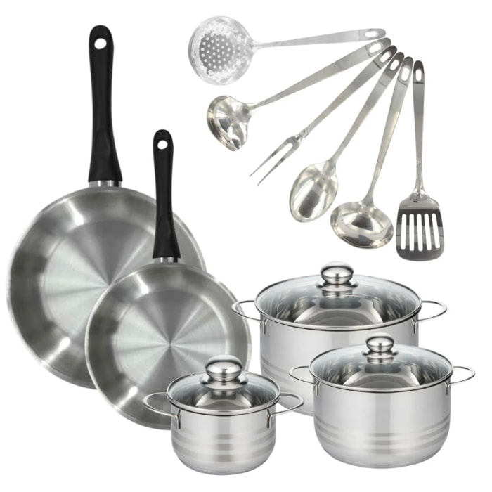 Set 2 poêles 24 28 cm, 3 faitouts 16, 20 et 24 cm en inox et 6 ustensiles inox Fackelmann Geneva