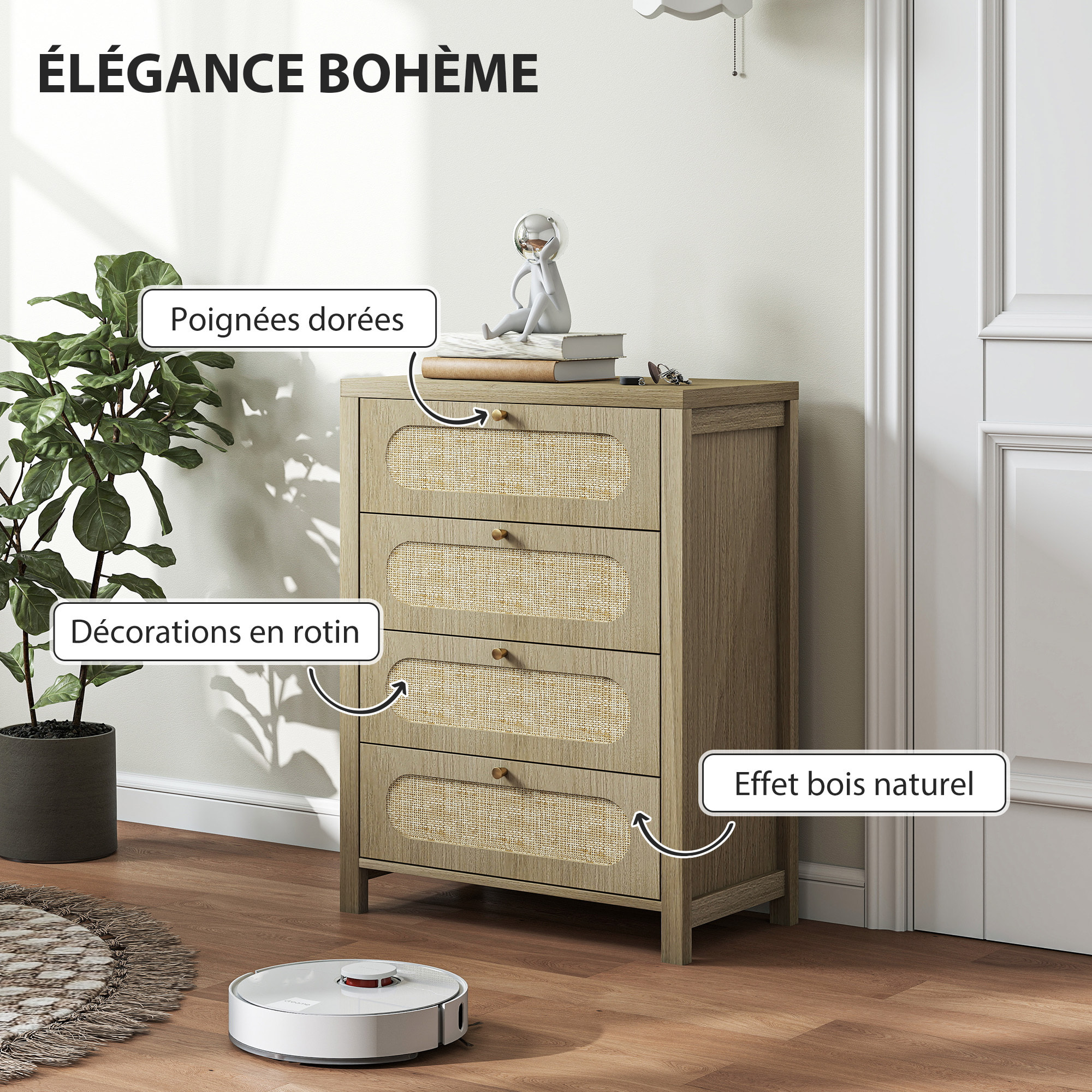 Commode 4 tiroirs style bohème effet rotin poignées métal doré 70 x 38 x 93 cm effet bois naturel