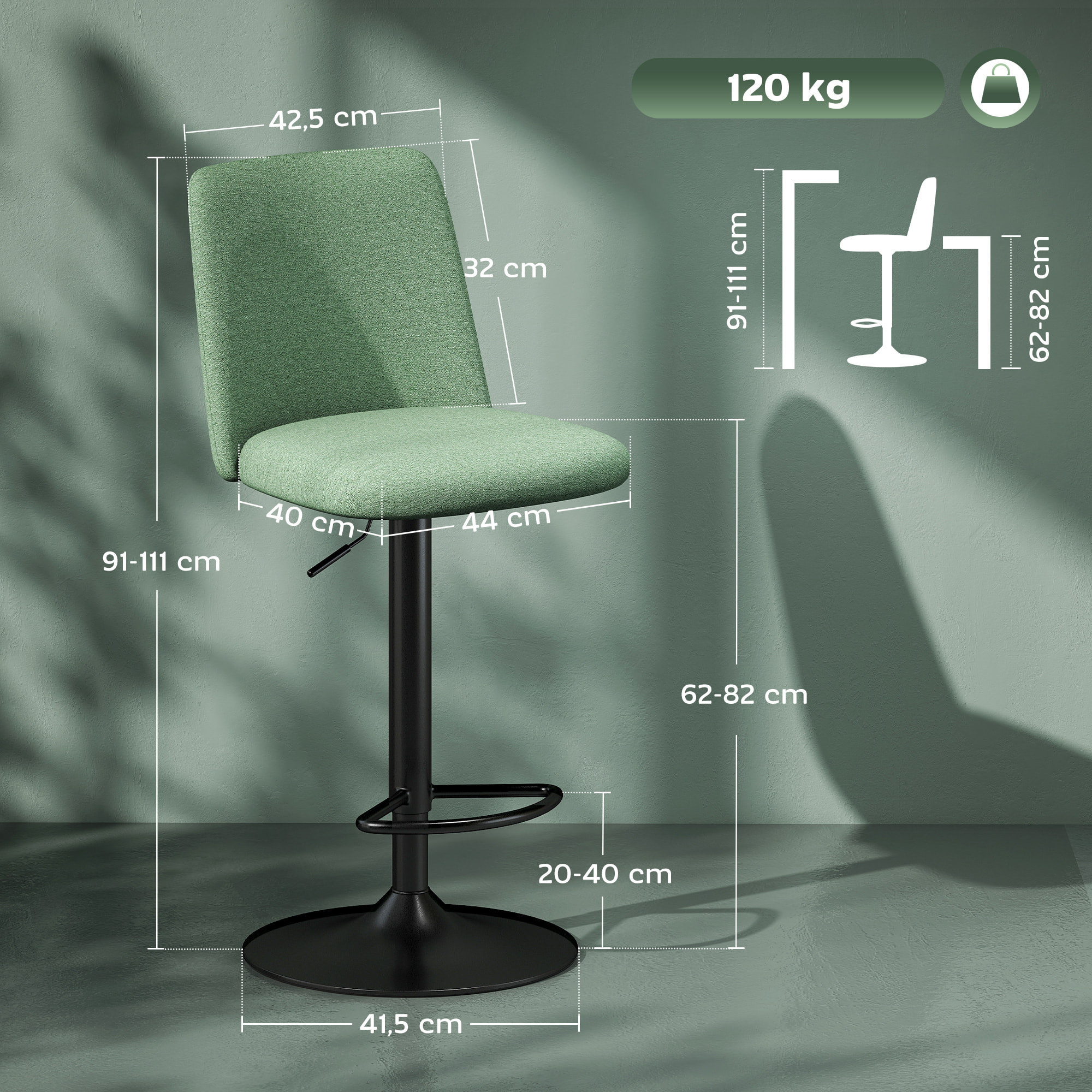 Lot de 2 tabourets de bar tissu vert hauteur réglable piètement acier noir mat
