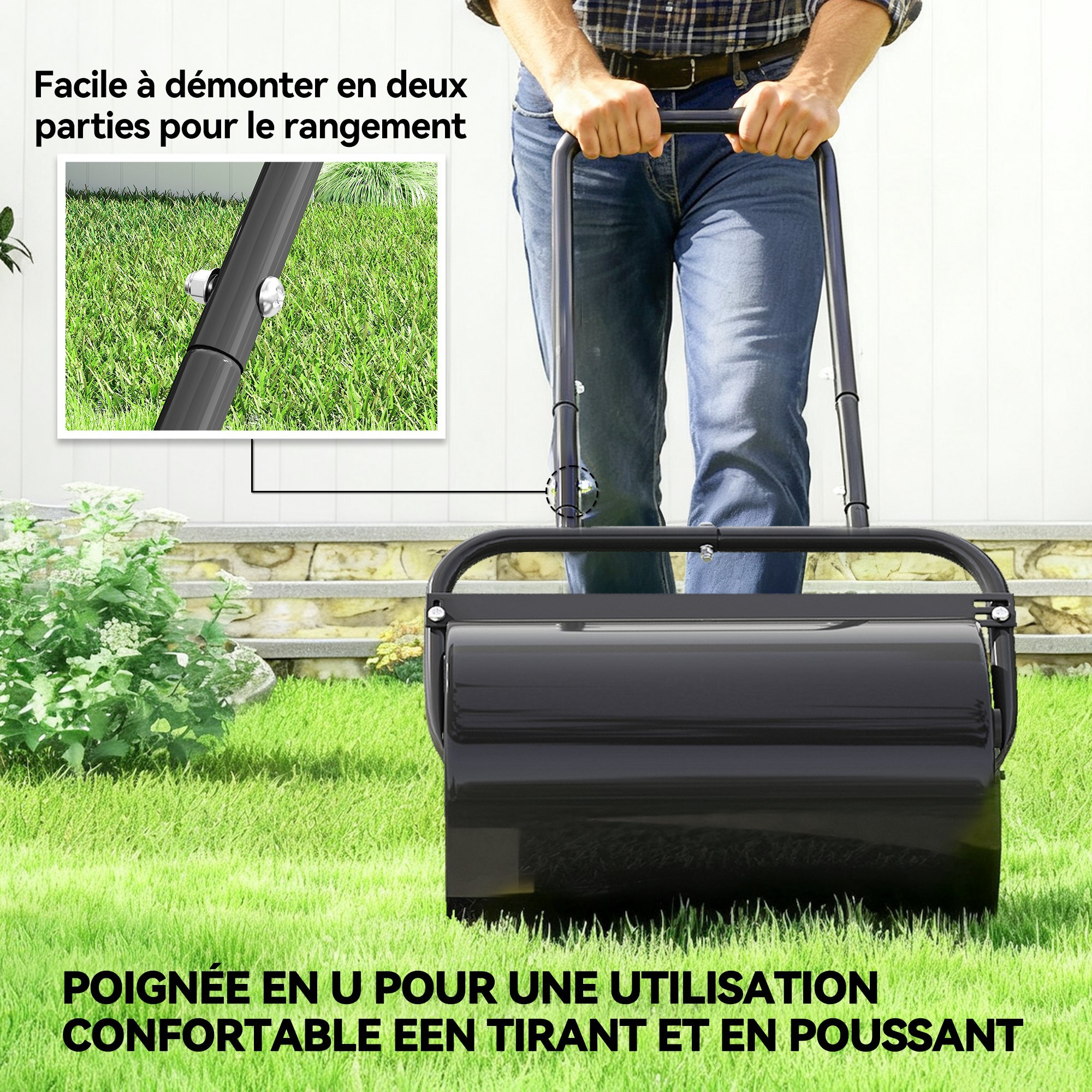 Rouleau à gazon jardin en acier avec poignée dim. 59L x 32l x 113H cm lestage max. 38 L noir