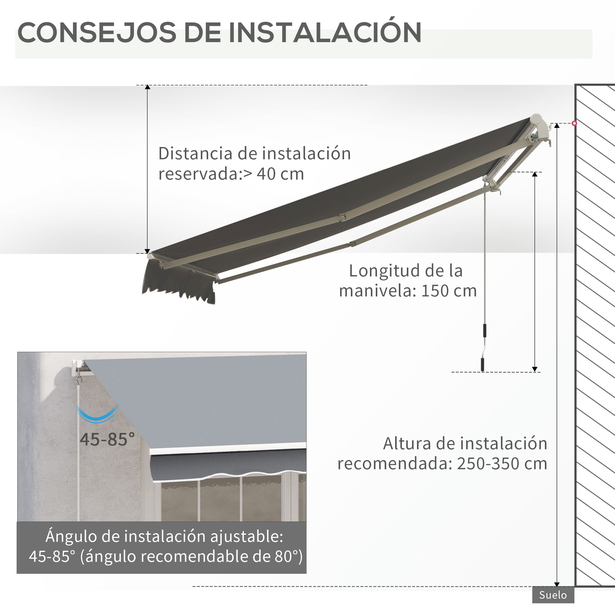 Toldo Manual Retráctil Plegable con Manivela 295x245 cm Toldo Enrollable Aluminio Protección Solar para Ventanas Puertas Balcón Terraza Exterior Gris