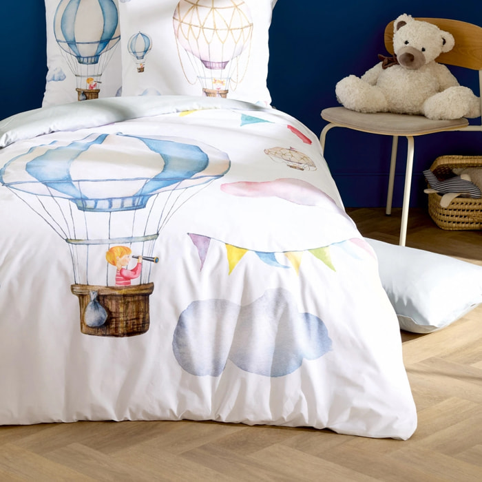 Housse de couette enfant percale de coton montgolfière - Bleu
