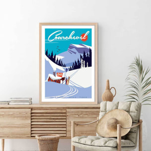 Poster ski courchevel Affiche + cadre en bois - Chêne