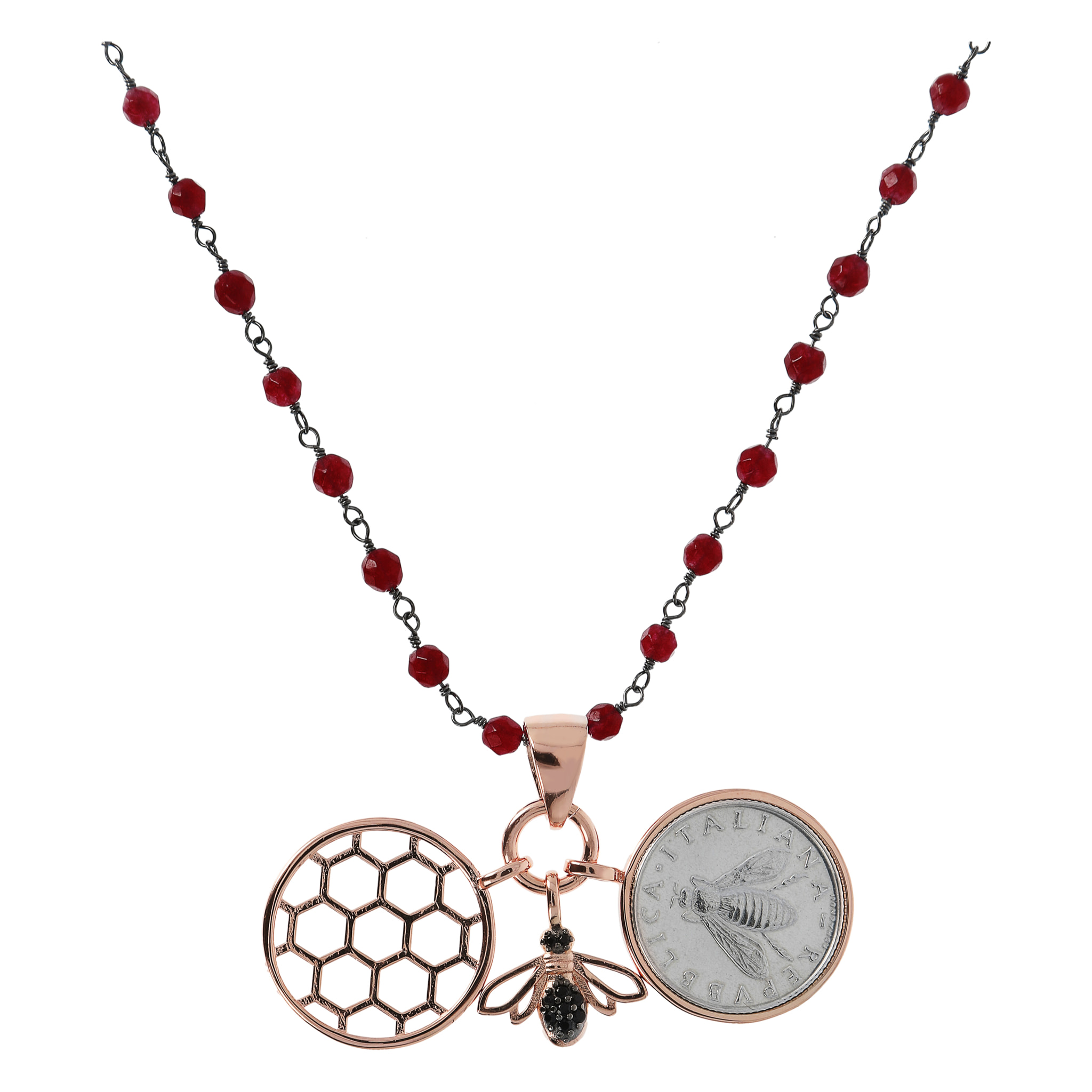 Collana Rosario in Calcedonio Rosso con Pendente Moneta, Ape e Alveare