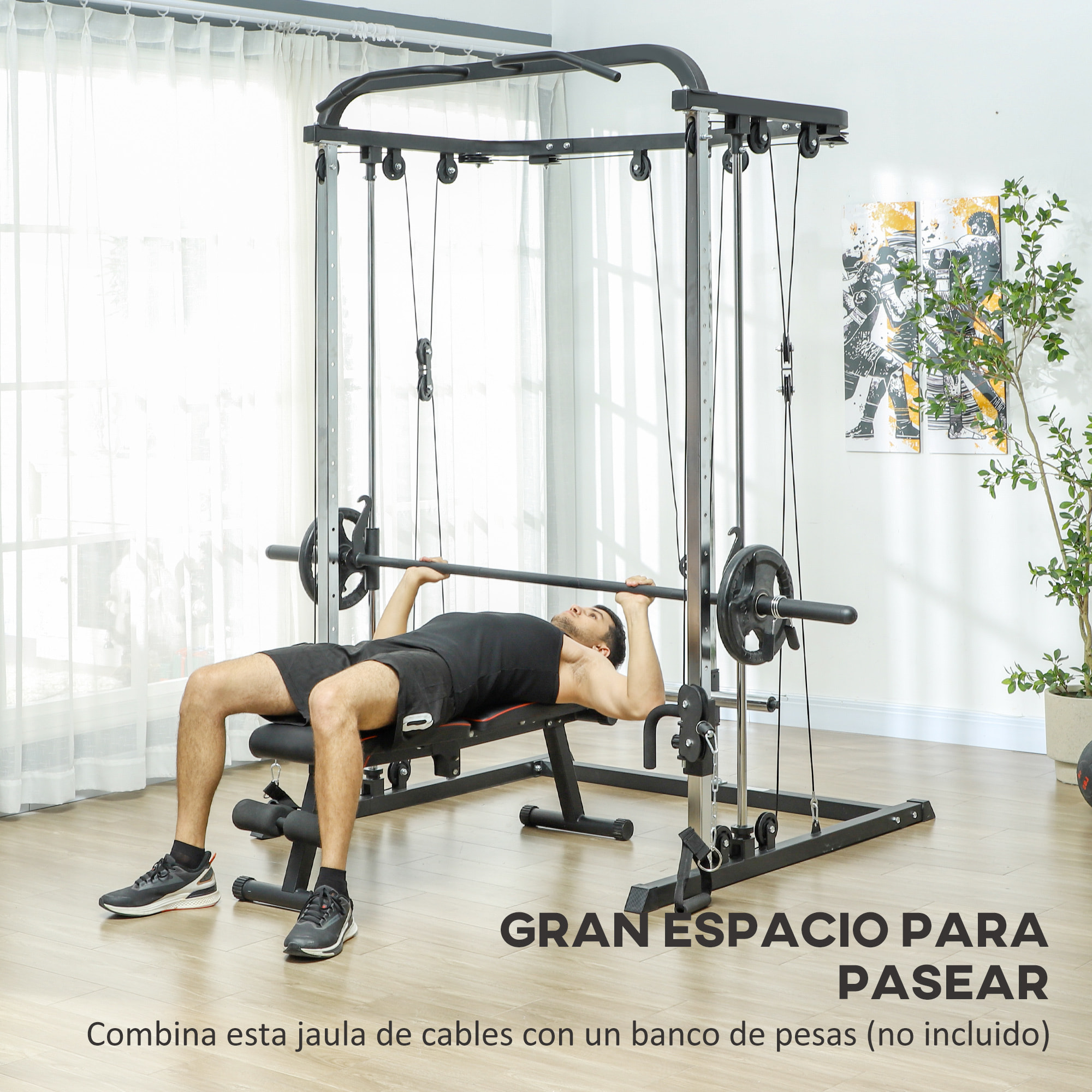 Smith Machine Multiestación de Musculación Máquina Multifunción de Musculación con Soporte para Sentadillas y Barra para Pesas para Entrenamiento Fitness en Hogar Negro