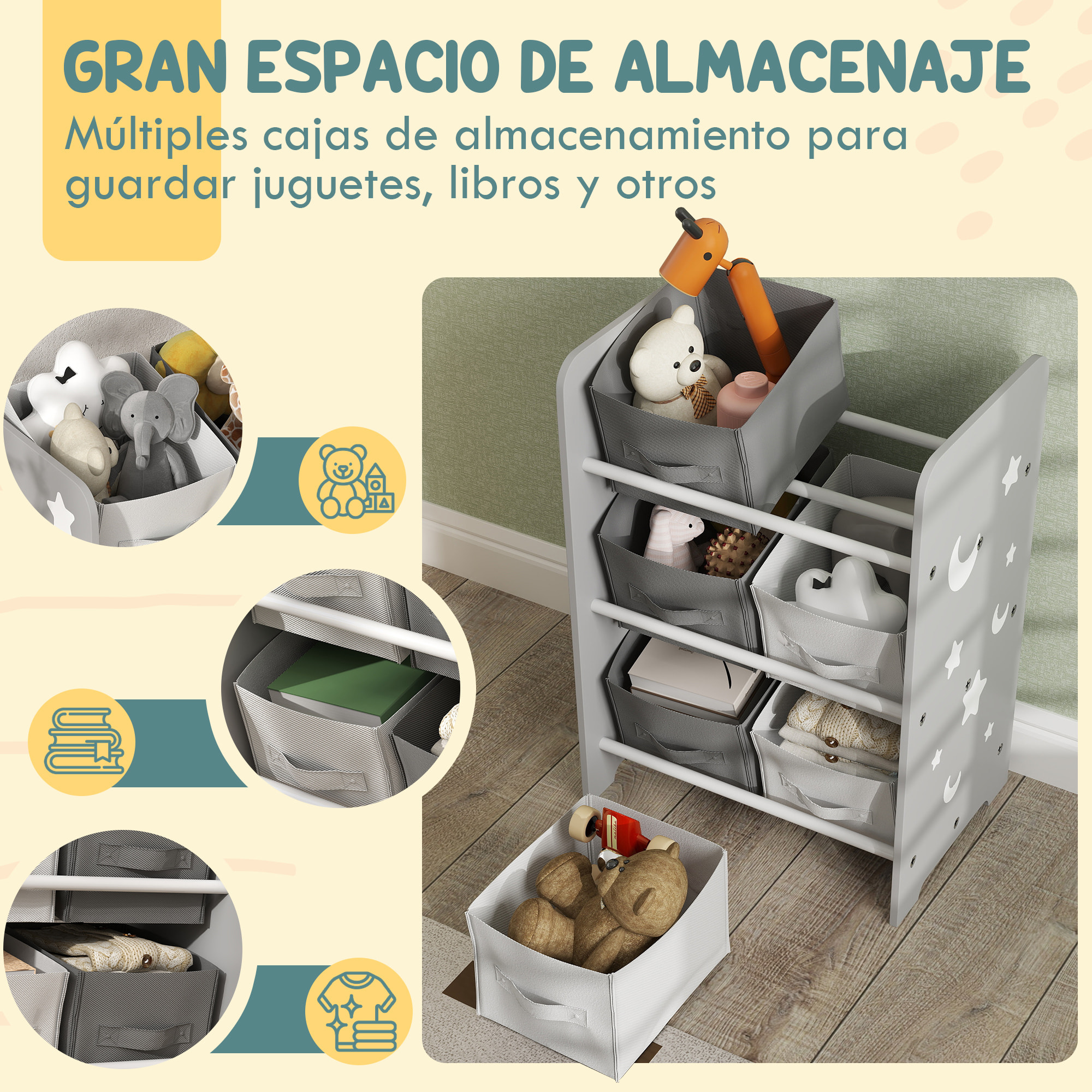 Estantería Infantil para Niños de +3 Años Estantería para Juguetes con 6 Cajas de Tela no Tejida Extraíbles Organizador de Juguetes para Dormitorio Guardería 43x30x60 cm Gris