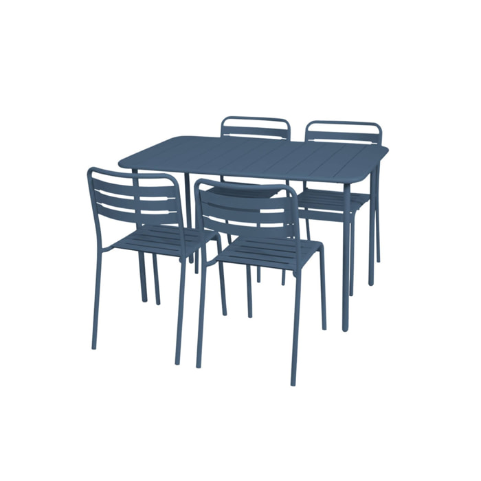 Table de jardin métal + 4 assises bleu marine en acier. Amelia. 120 x 70 x 72.5 cm