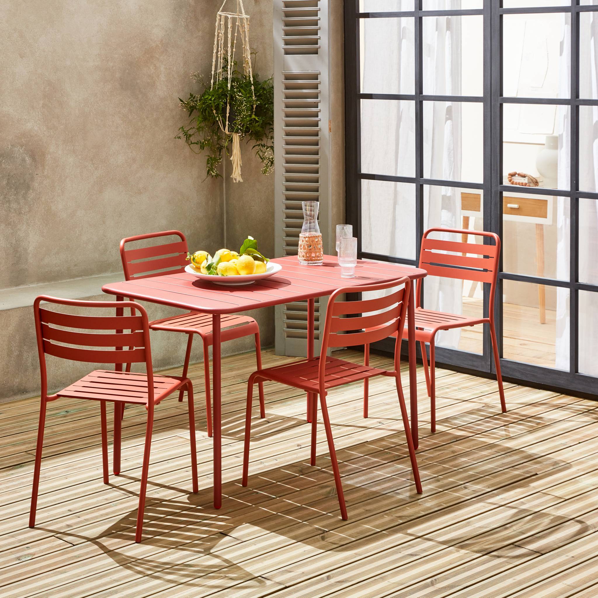 Table de jardin métal + 4 assises terracotta en acier. Amelia. 120x70xH72.5cm (12.2kg)