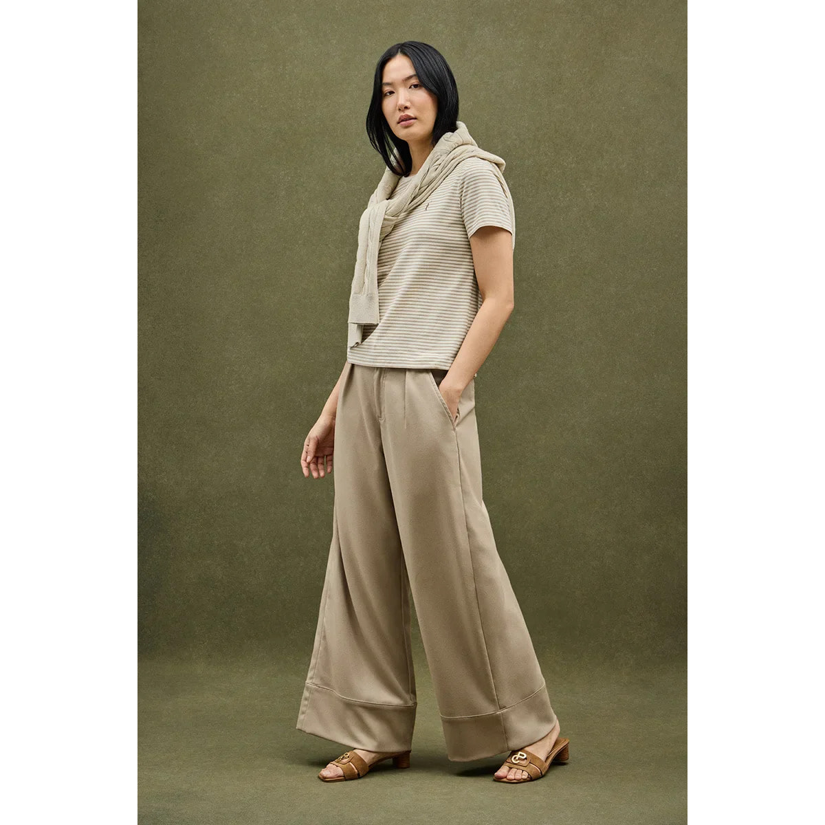 Maglietta a righe ecrù e marrone chiaro, regular fit t con ricamo Rigby Go