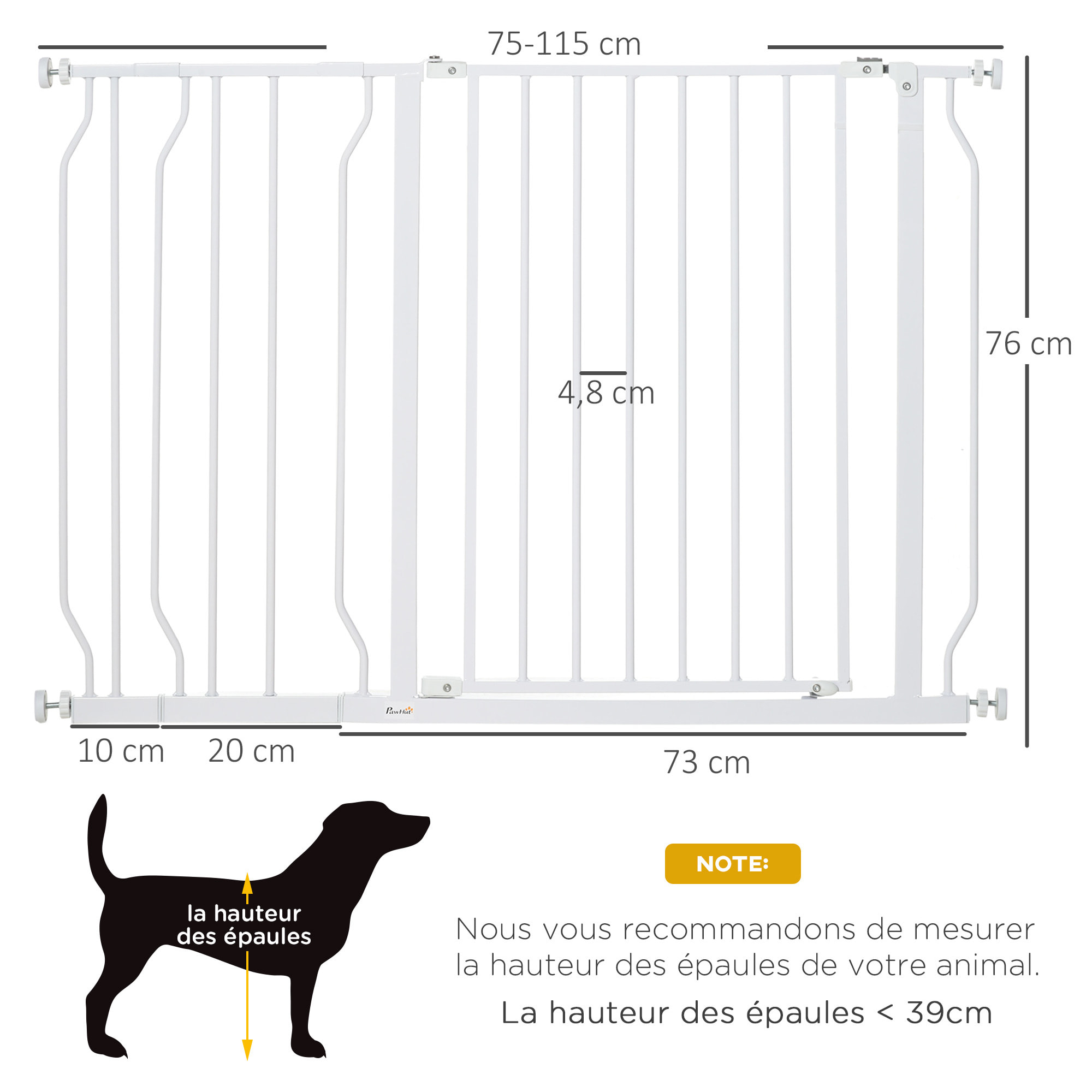 Barrière de sécurité barrière pour animal domestique longueur réglable barrière escaliers couloirs portes sans perçage en acier et ABS dim. 75-115L x 76H cm blanc