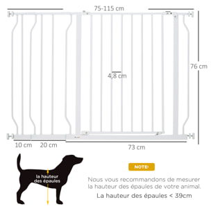 Barrière de sécurité barrière pour animal domestique longueur réglable barrière escaliers couloirs portes sans perçage en acier et ABS dim. 75-115L x 76H cm blanc