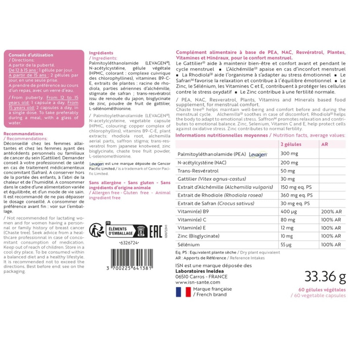 ISN - Endomelia - Complément alimentaire à base de PEA, NAC, Resvératrol, Plantes, Vitamines & Minéraux - Favorise le confort menstruel - Equilibre émotionnel - Cure 30 jours