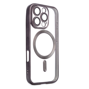 Carcasa transparente con cámara cubierta, bordes negros, antichoque y antihuellas. Magsafe para iPhone 16 Pro.