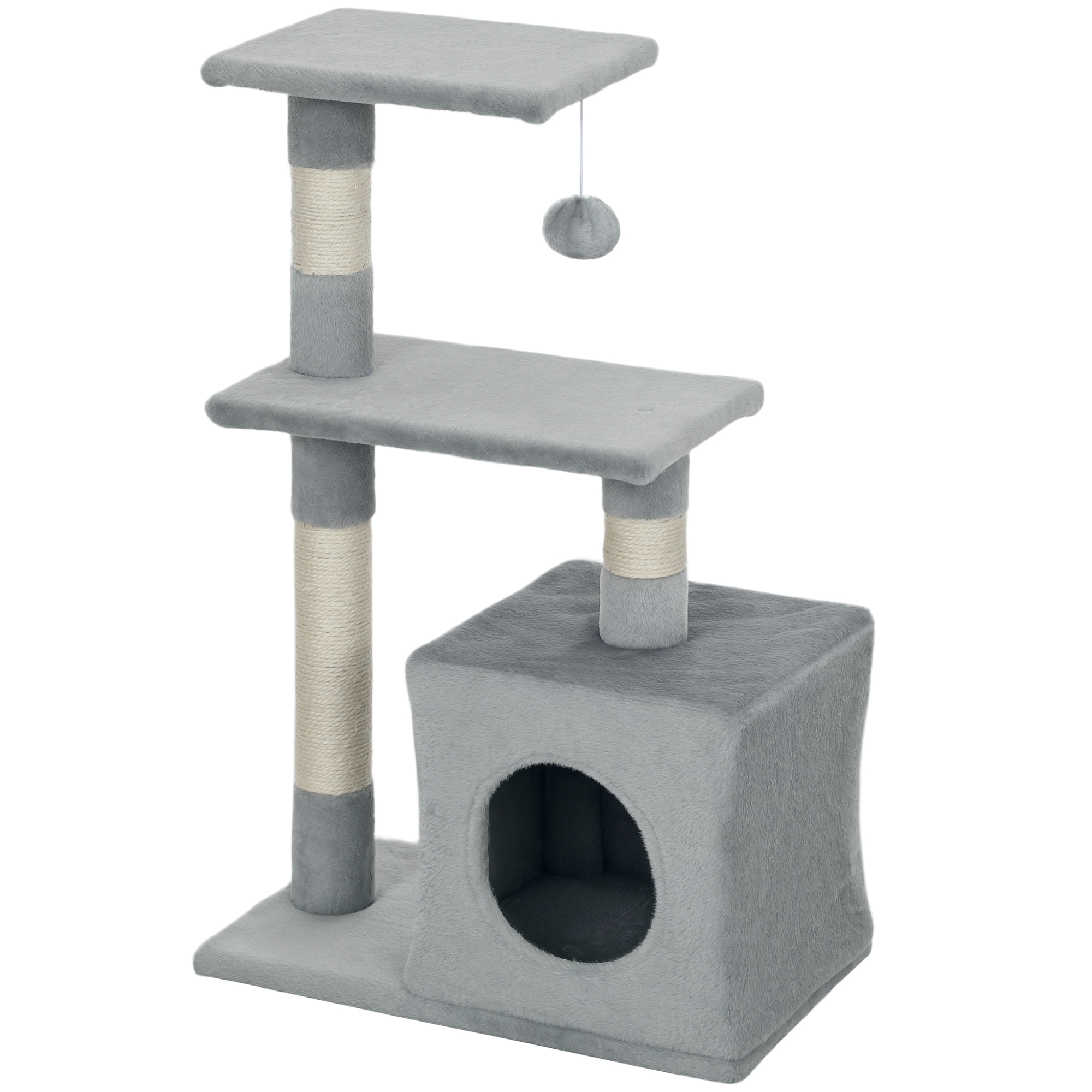 Arbre à chat H.81cm niche 3 griffoirs 2 plateformes jeu boule suspendue gris