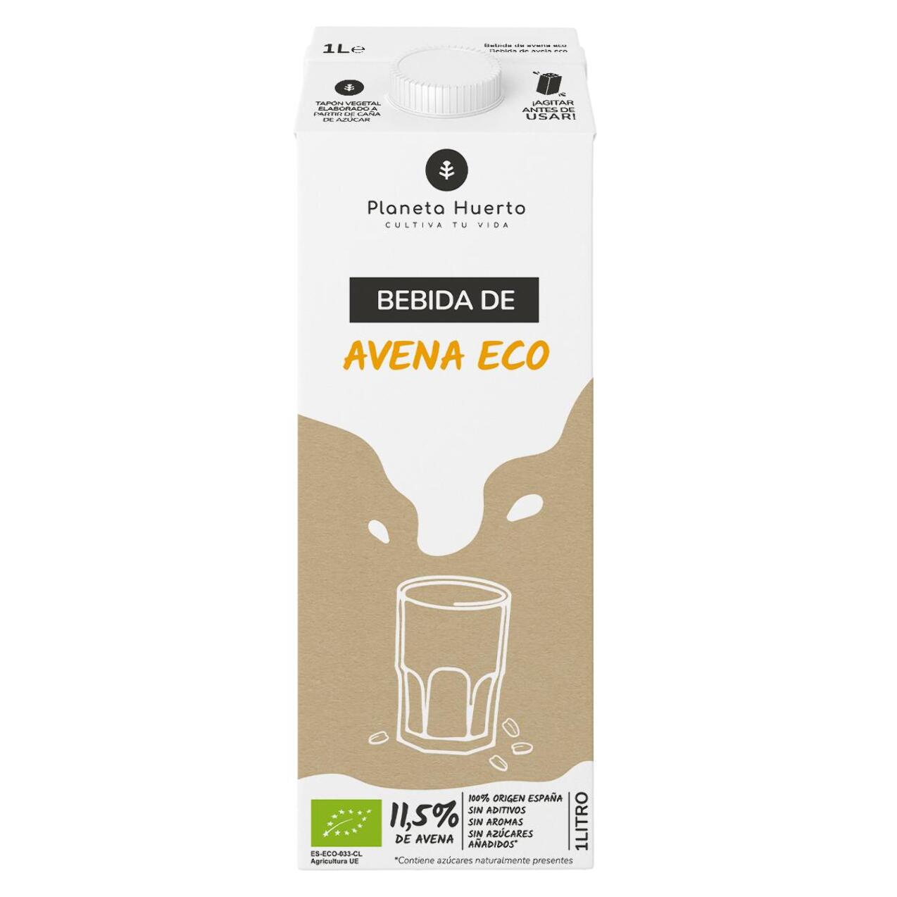 PLANETA HUERTO | Pack 12x Bebida de Avena ECO 1L Bebida Vegetal Natural, Sin Azúcar Ni Sal Añadida, Con Ingredientes 100% Ecológicos y Envase Sostenible