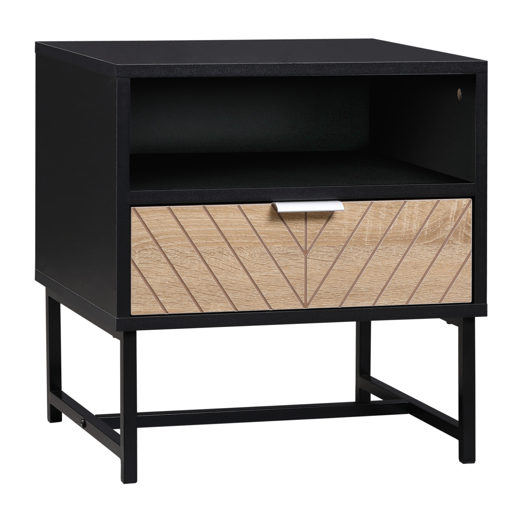 Table de chevet table de nuit style industriel tiroir niche piètement métal panneaux particules aspect bois de chêne sculpté à chevrons noir
