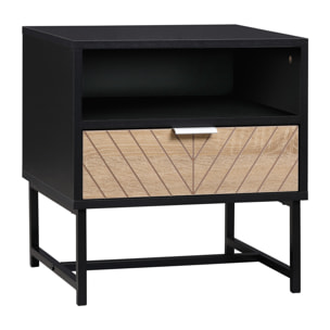 Table de chevet table de nuit style industriel tiroir niche piètement métal panneaux particules aspect bois de chêne sculpté à chevrons noir