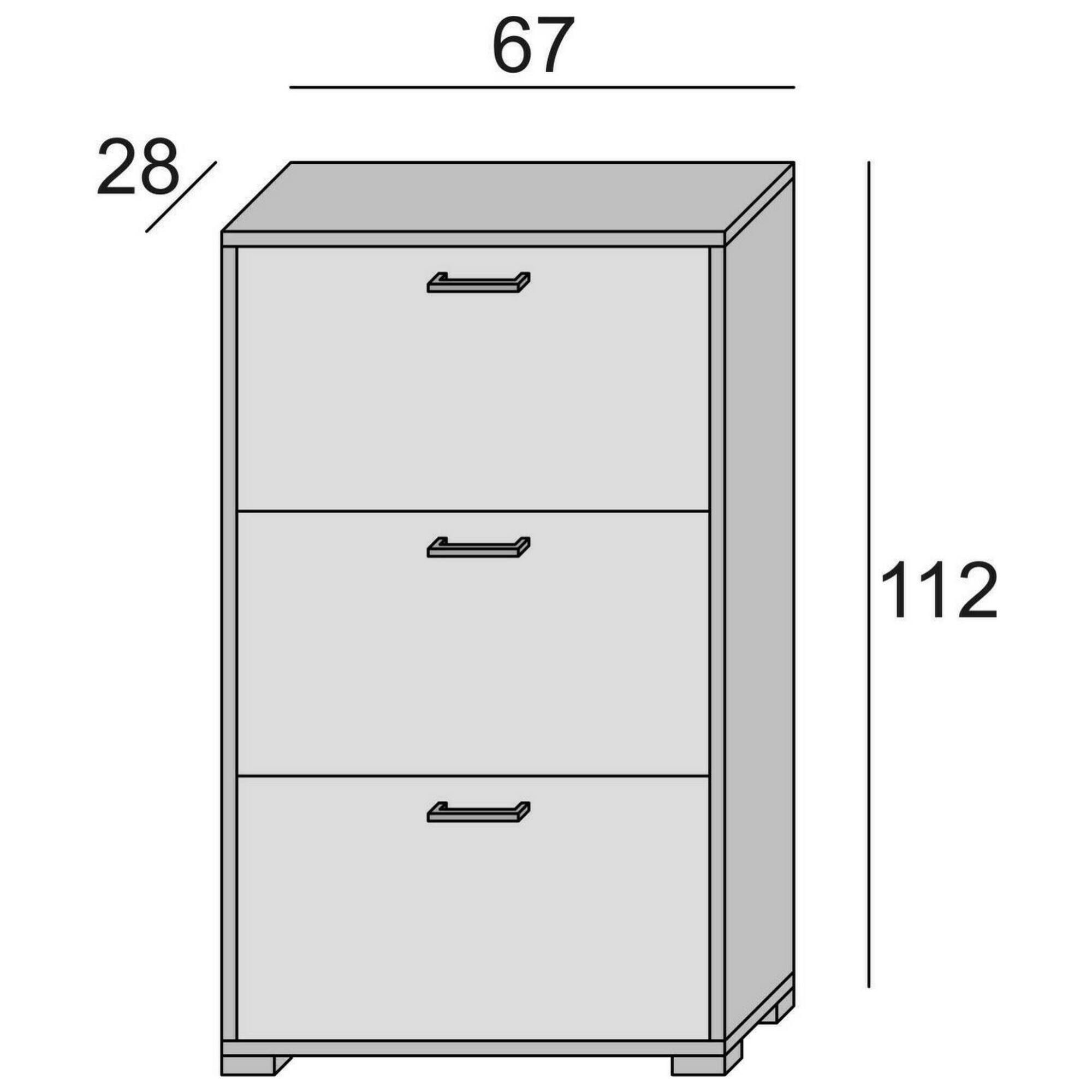 Scarpiera Peonia, Mobile multiuso da ingresso con 3 ante a ribalta, Armadietto portascarpe a doppia profondità, 100% Made in Italy, Cm 67x28h112, Bianco e Cemento