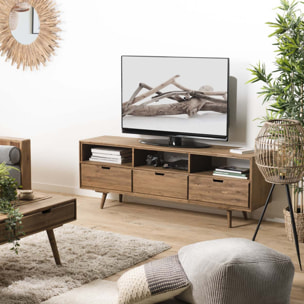 ANDREW - Meuble TV scandi bois marron 3 tiroirs 3 niches Sapin