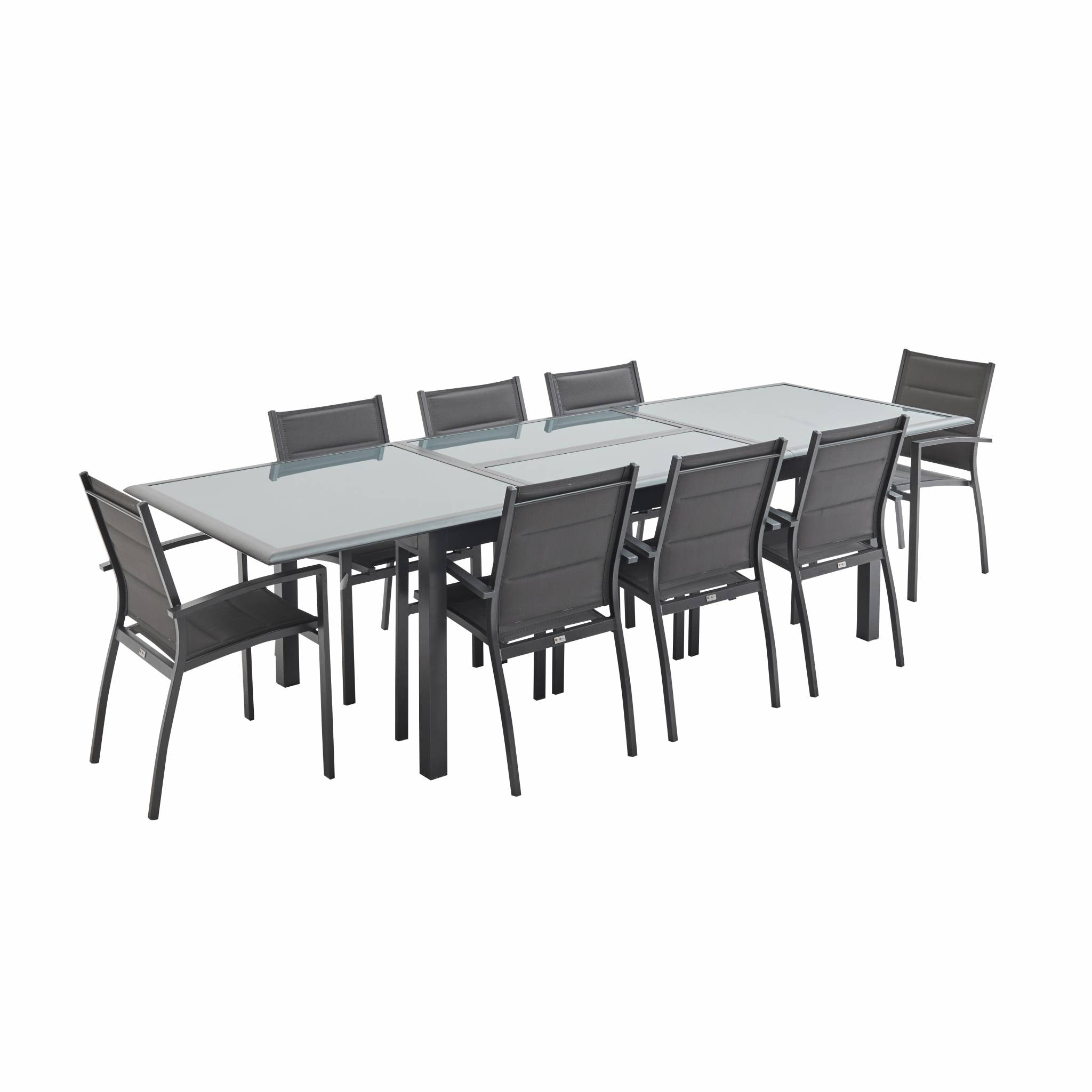 Table de jardin extensible aluminium + 8 assises Gris anthracite - Table en aluminium 200/300cm. plateau de verre. rallonge et 8 fauteuils en textilène