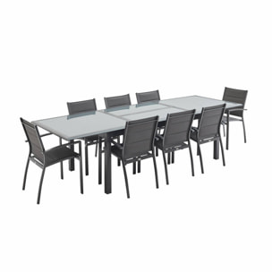 Table de jardin extensible aluminium + 8 assises Gris anthracite - Table en aluminium 200/300cm. plateau de verre. rallonge et 8 fauteuils en textilène
