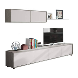 Parete attrezzata Savannah, Mobile da soggiorno porta TV, Composizione set salotto, Set salotto con pensile, cm 200x41h43, Bianco e Cemento