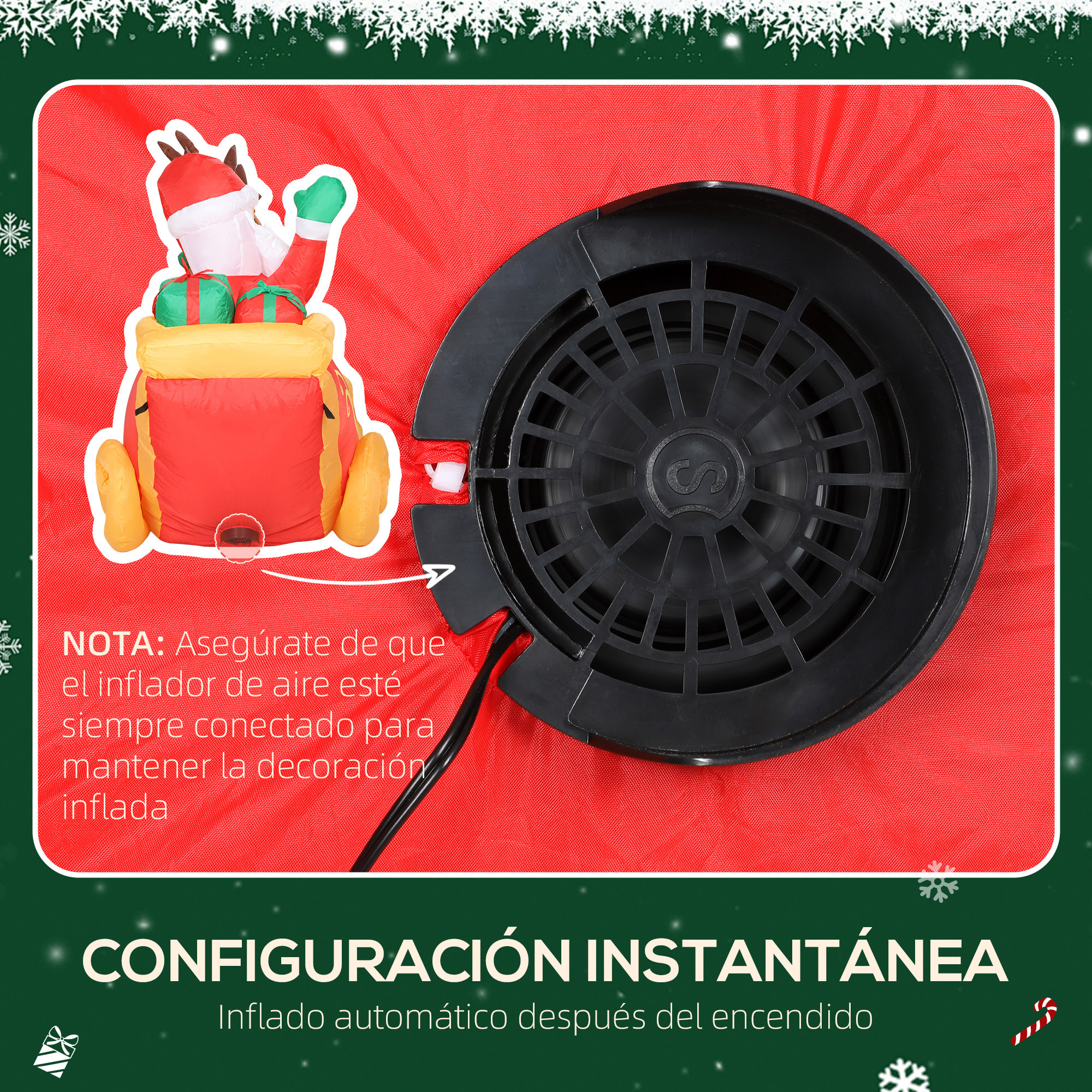 Papá Noel Hinchable con Trineo y Renos, Inflables de Navidad con Luces LED, Decoración de Navidad para Exterior e Interior, 240x75x100 cm