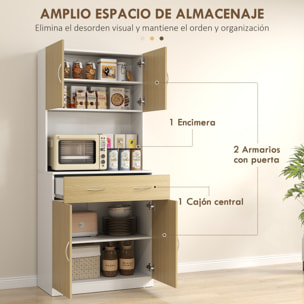 Alacena de Cocina Armario de Cocina Mueble Auxiliar de Cocina con Puertas Cajón y Estantes Ajustables Antivuelco para Comedor Salón 80x40x180 cm Natural y Blanco