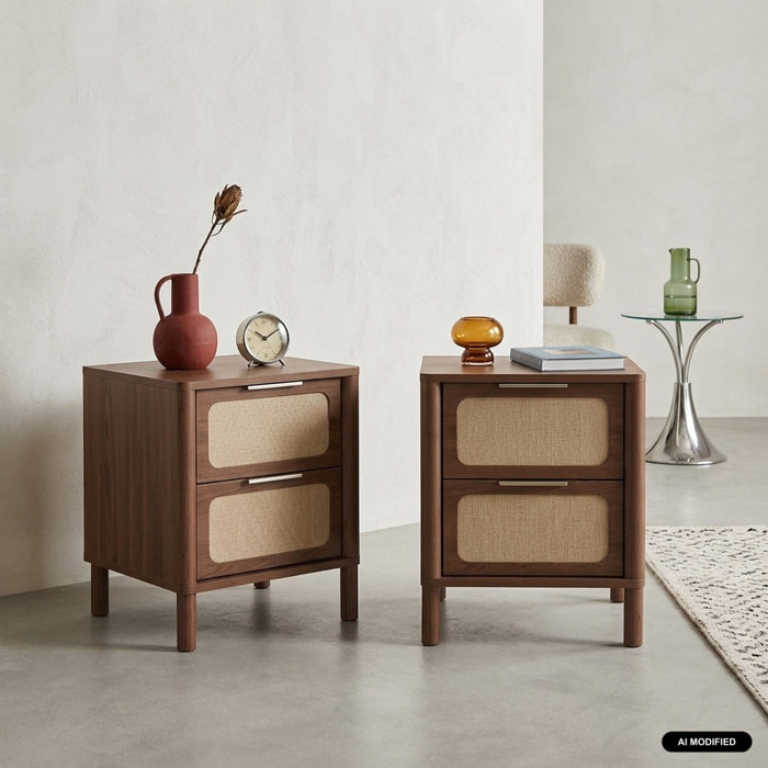 Table de chevet vintage décor bois et cannage 2 tiroirs (lot de 2) ETTA