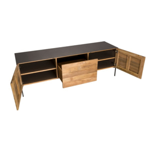 MAXENCE - Meuble TV 2 portes 1 tiroir bois Teck recyclé métal et pieds métal gris anthracite
