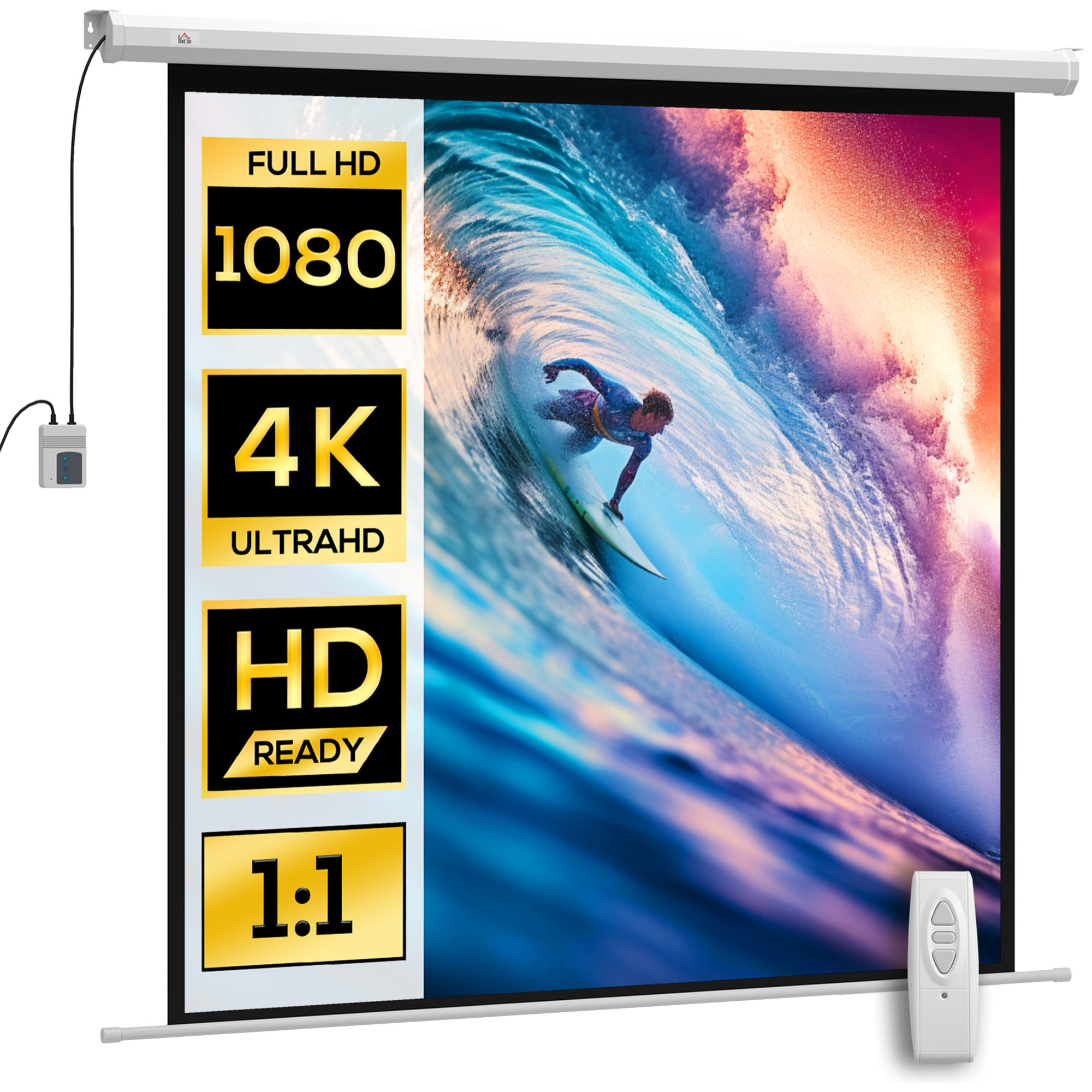 Écran de projection motorisé home-cinéma format 1:1 85 pouces 4K HD avec télécommande blanc noir