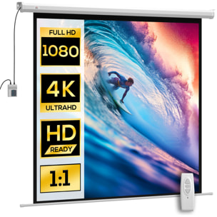 Écran de projection motorisé home-cinéma format 1:1 85 pouces 4K HD avec télécommande blanc noir
