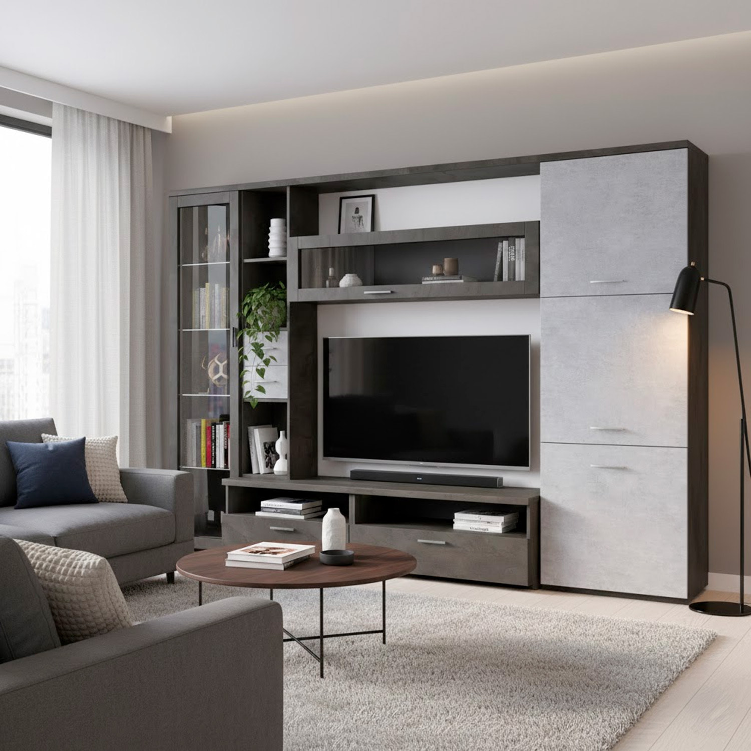 Parete Attrezzata Soggiorno Mobile Porta TV Con Vetrina E Cassetti Design Moderno Industrial Chic Con Ampio Vano TV 270 x 213 x 50 Cm Ossido E Grigio Cemento