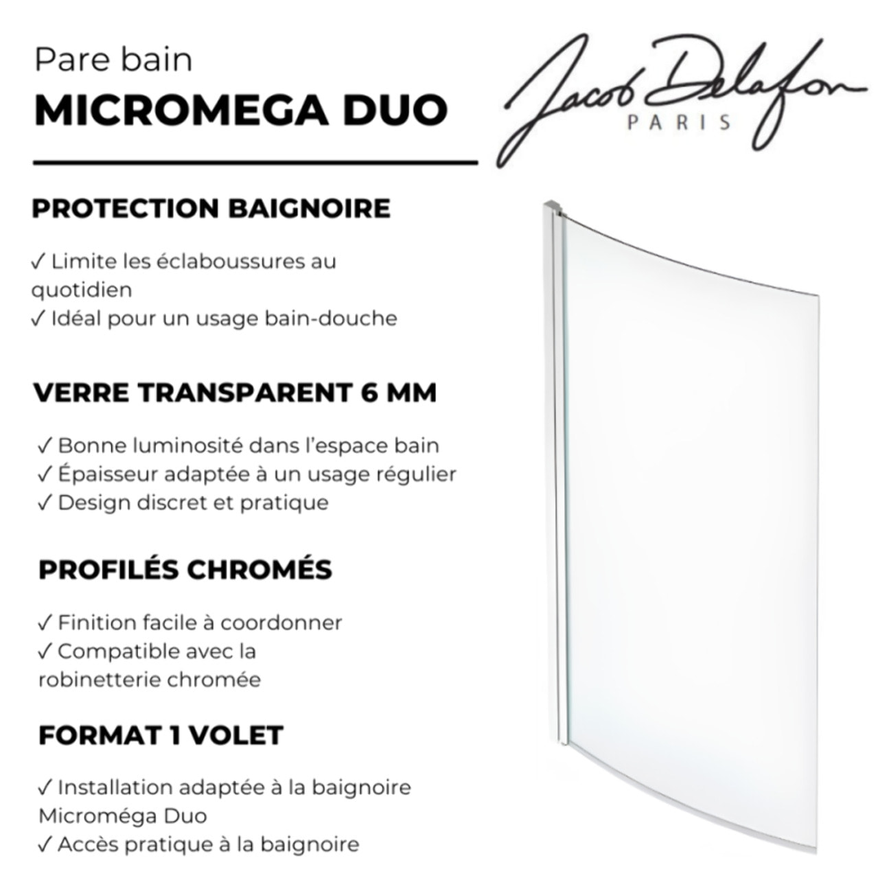 Pare baignoire,1 volet, courbé Micromega Duo réversible