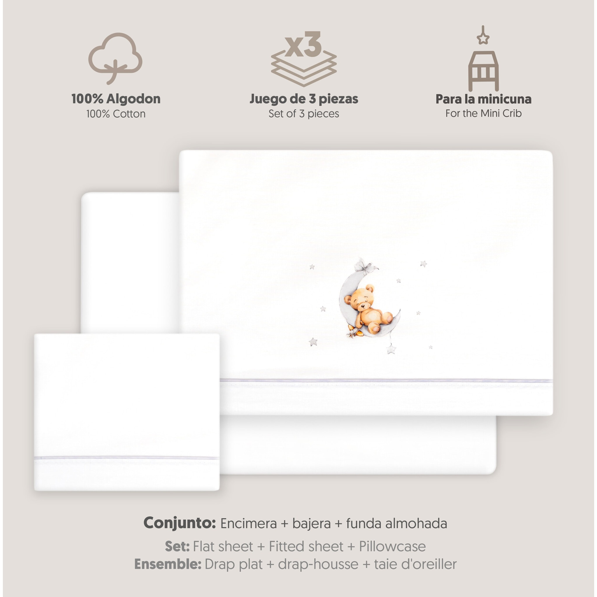 Triptico Minicuna Estampado Oso Luna Estrellas Bco/Gris