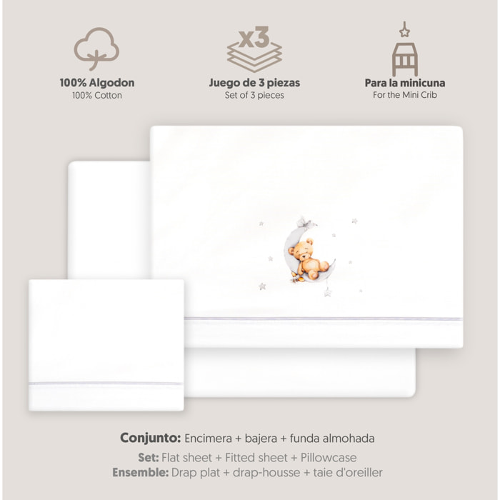 Triptico Minicuna Estampado Oso Luna Estrellas Bco/Gris