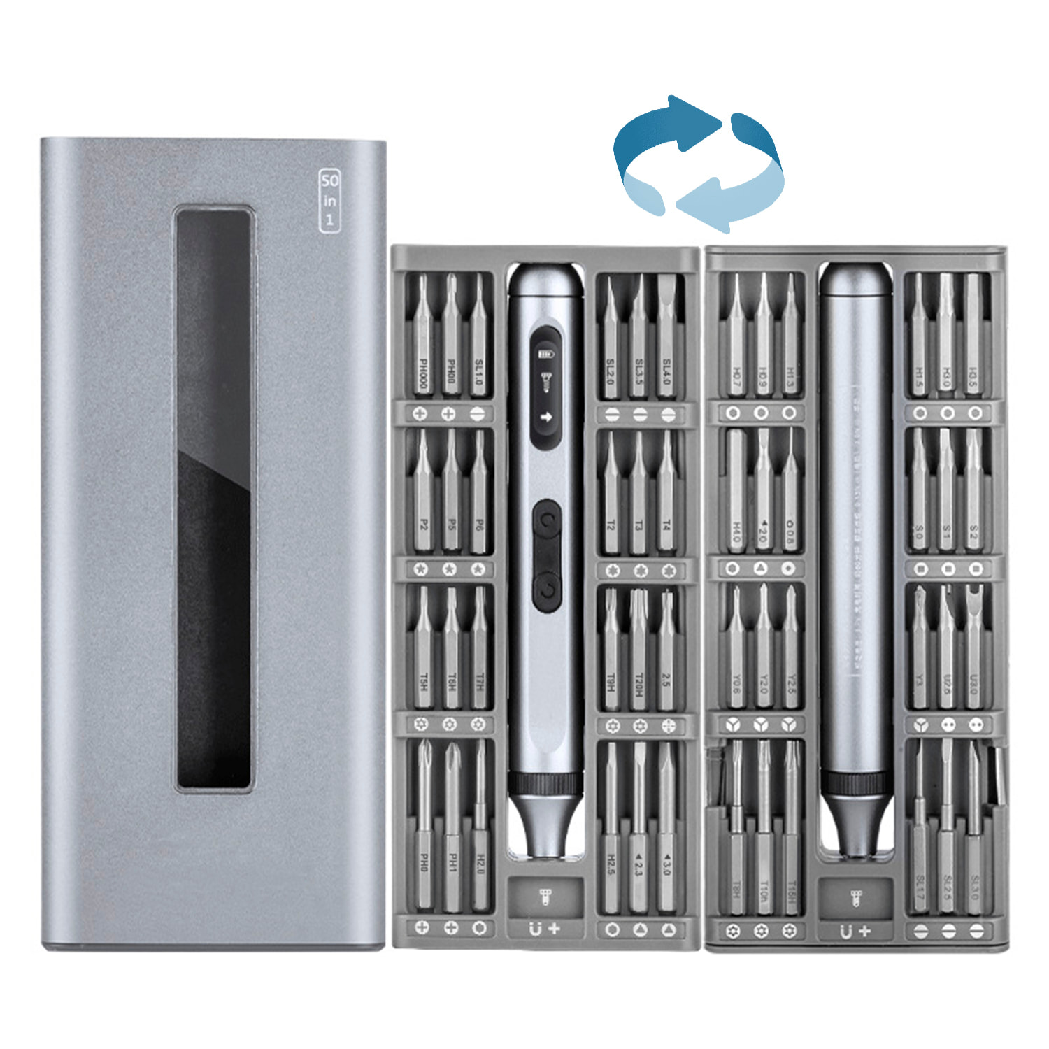 Destornillador eléctrico portátil 50 en 1 con doble luz, pantalla LCD, giro bidireccional, torque 0,3Nm y batería recargable.