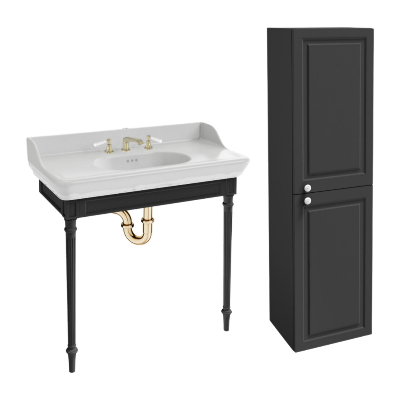 Console Cléo 1889 avec plan vasque 3 trous + colonne droite + mélangeur poignée lavabo or + siphon or