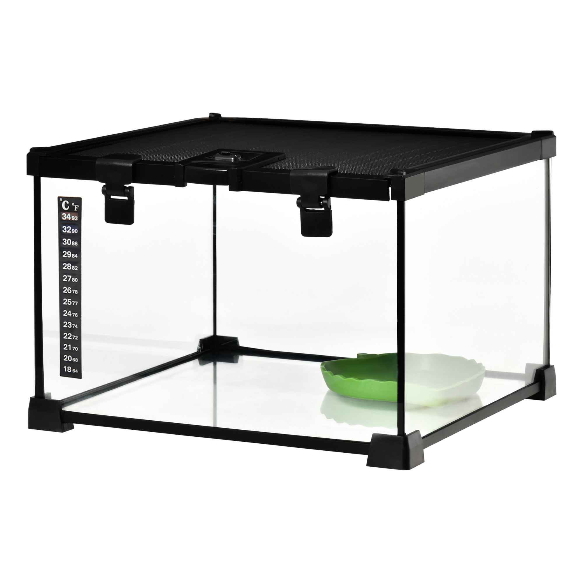 Terrarium en verre couvercle grillagé coulissant verrouillable distributeur eau thermomètre inclus