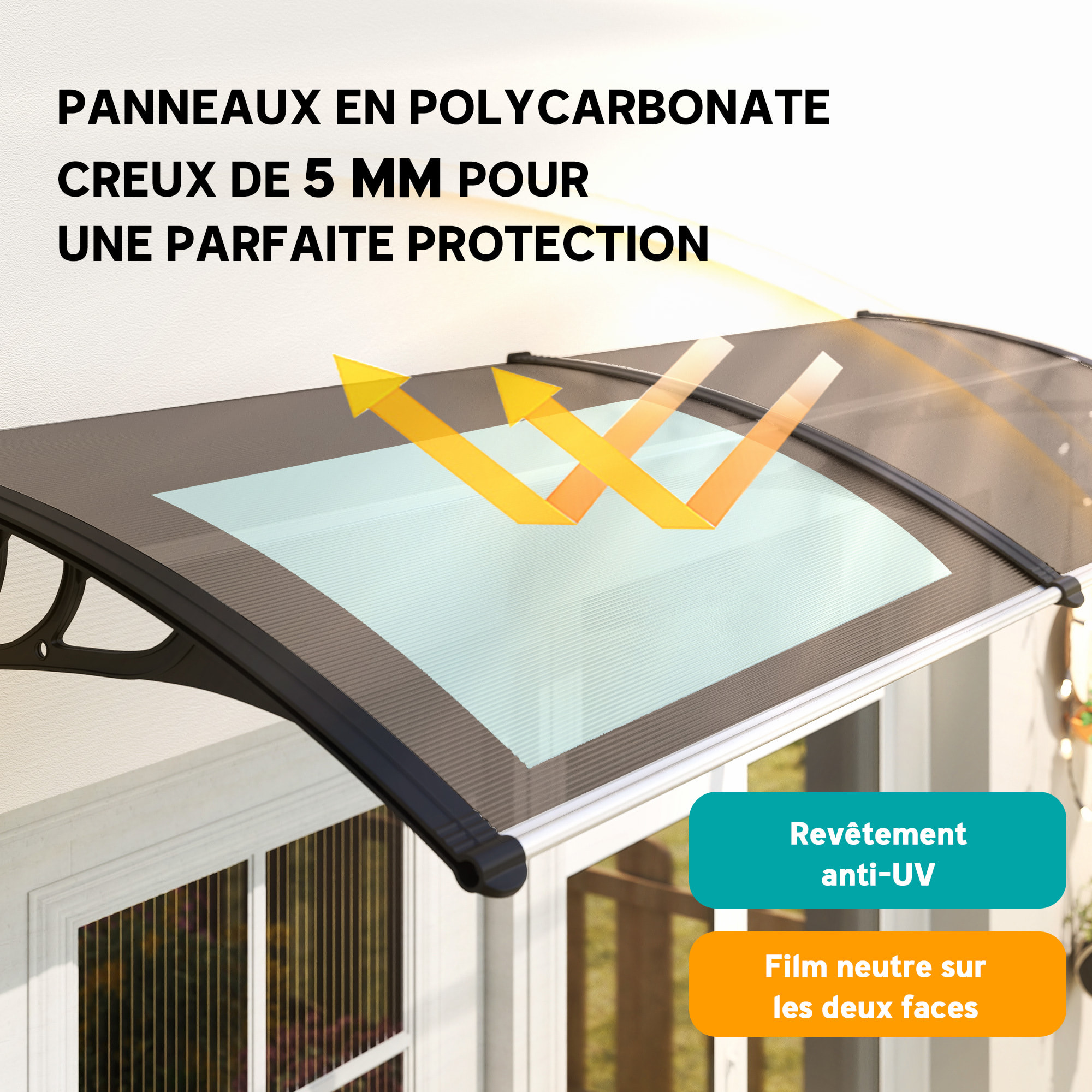 Auvent marquise de porte design voûté arrondi dim. 195L x 80l x 23H cm polycarbonate fumé brun plastique noir