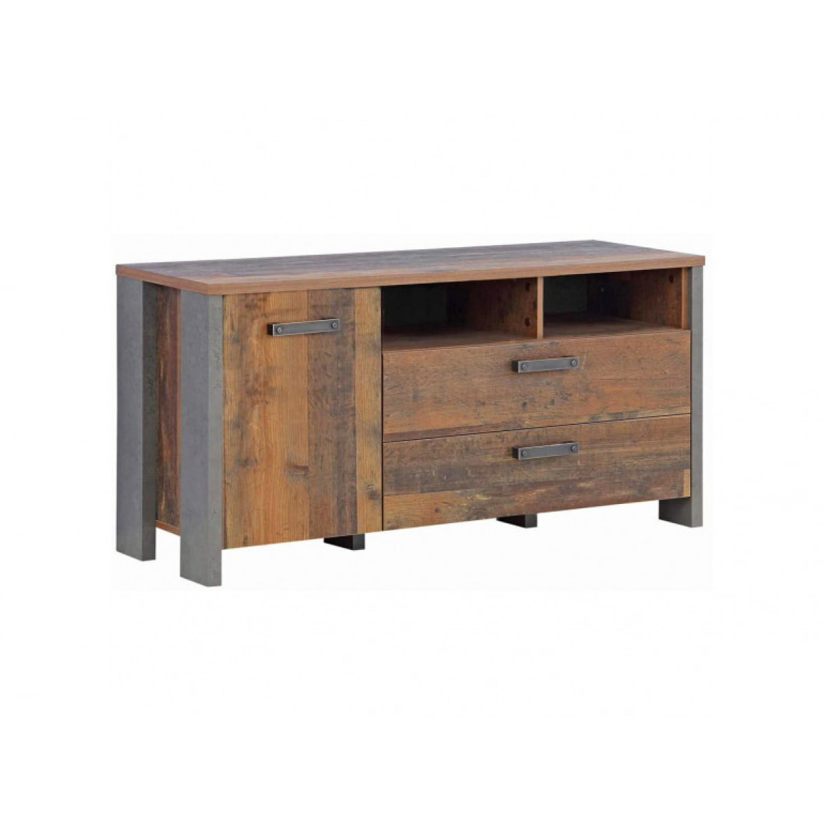 Meuble TV en bois avec 3 portes L142cm effet bois vieilli - FRED
