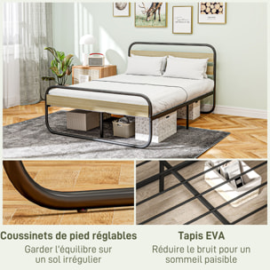 Lit double - tête de lit, pied de lit, sommier - compatible matelas 190L x 140l cm - acier noir aspect chêne clair