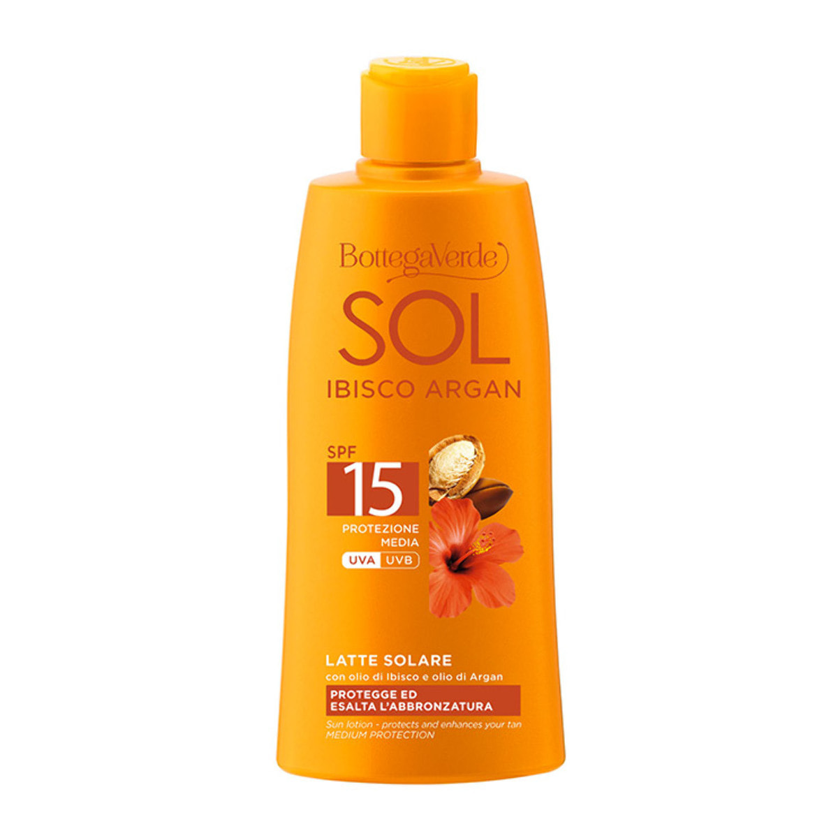 SOL Ibisco Argan - Leche solar - protege y resalta el bronceado - con aceite de Hibisco y aceite de Argán - protección media SPF15 (200 ml)